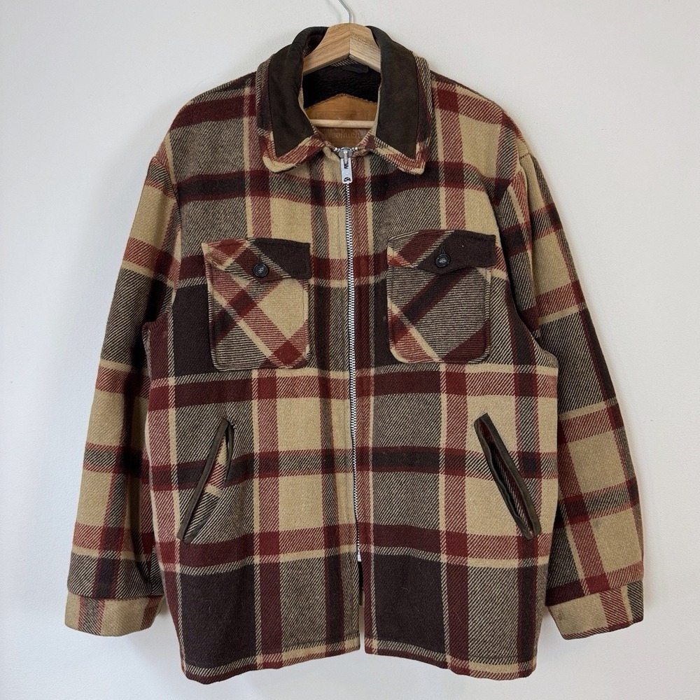 Vintage Woolrich Hunting Sherpa Lined Plaid Brown Tan Button Coat Jacket - XL